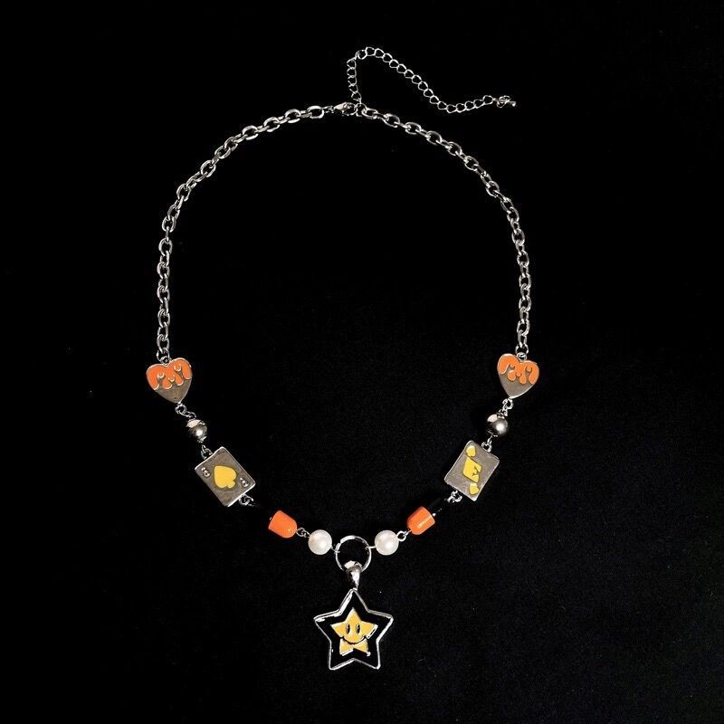 Silver Charm Necklace Star Smile Heart Card Pillar Bead Imitation Pearl Jewelry