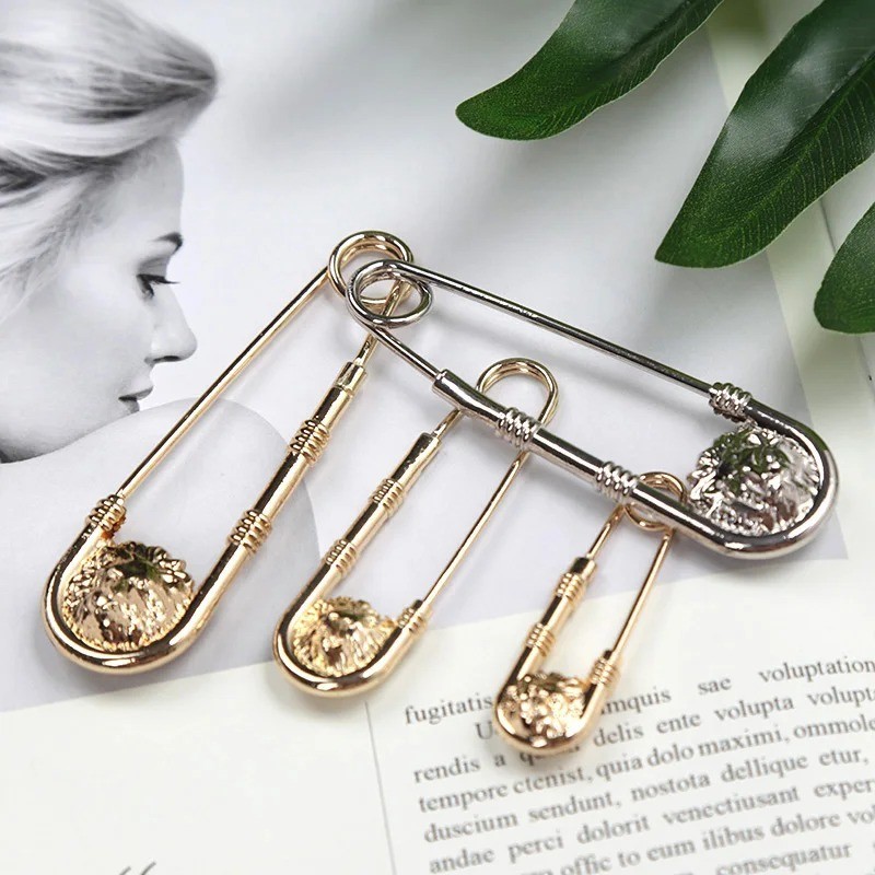 Vintage Large Safety Pin Brooch Double Lion Head Waist Closing Decor Suit Jewelr