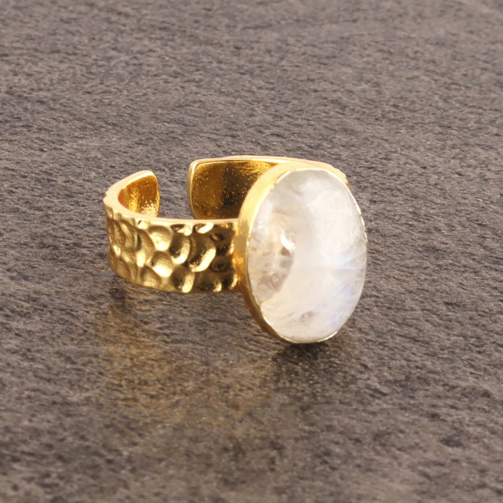 Good Quality Fire Moonstone Gold Plated Hammered Finish Band Adjustable Rings