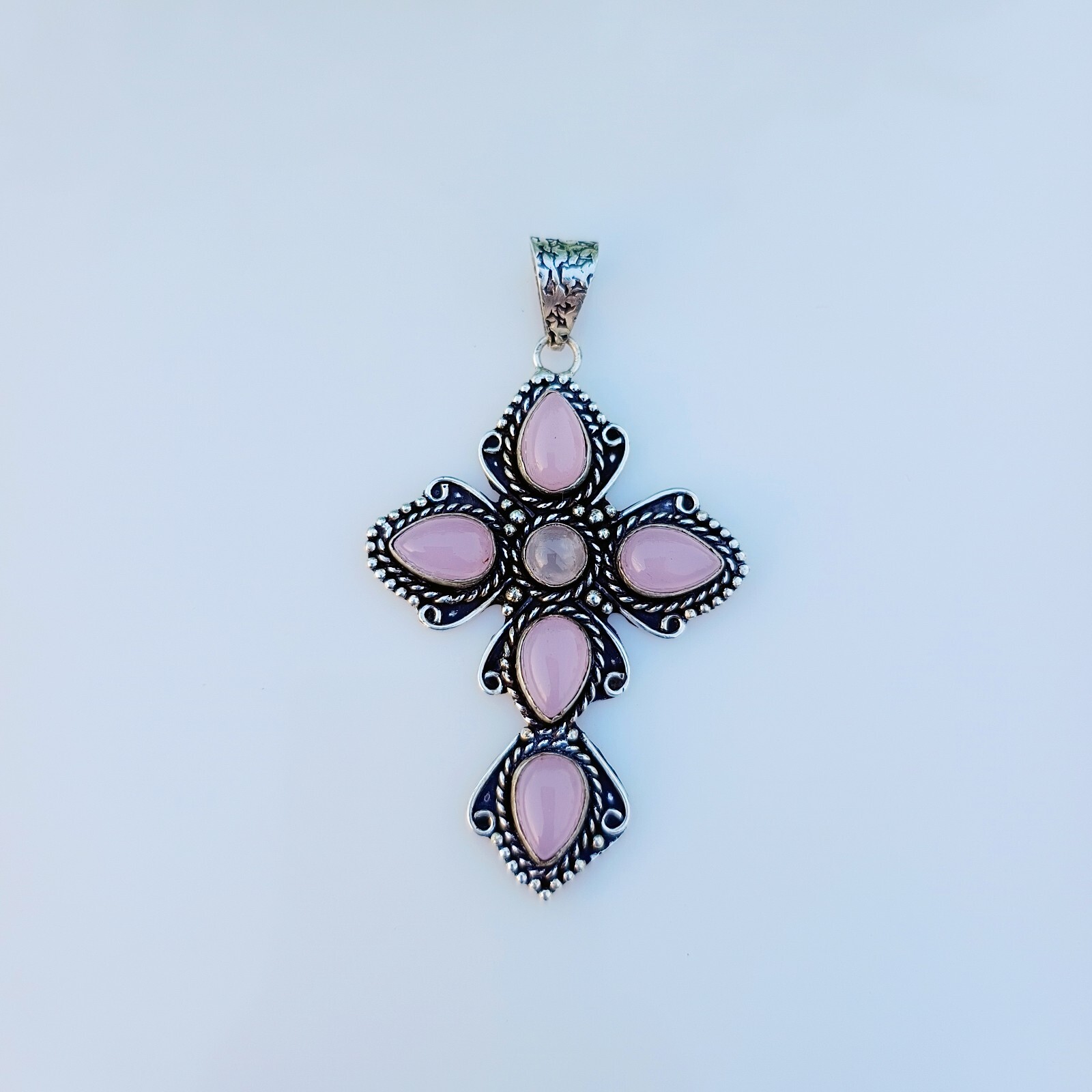 Rose Quartz Cross Pendant 925 Sterling Silver Handmade Gemstone Jewelry 2.55″