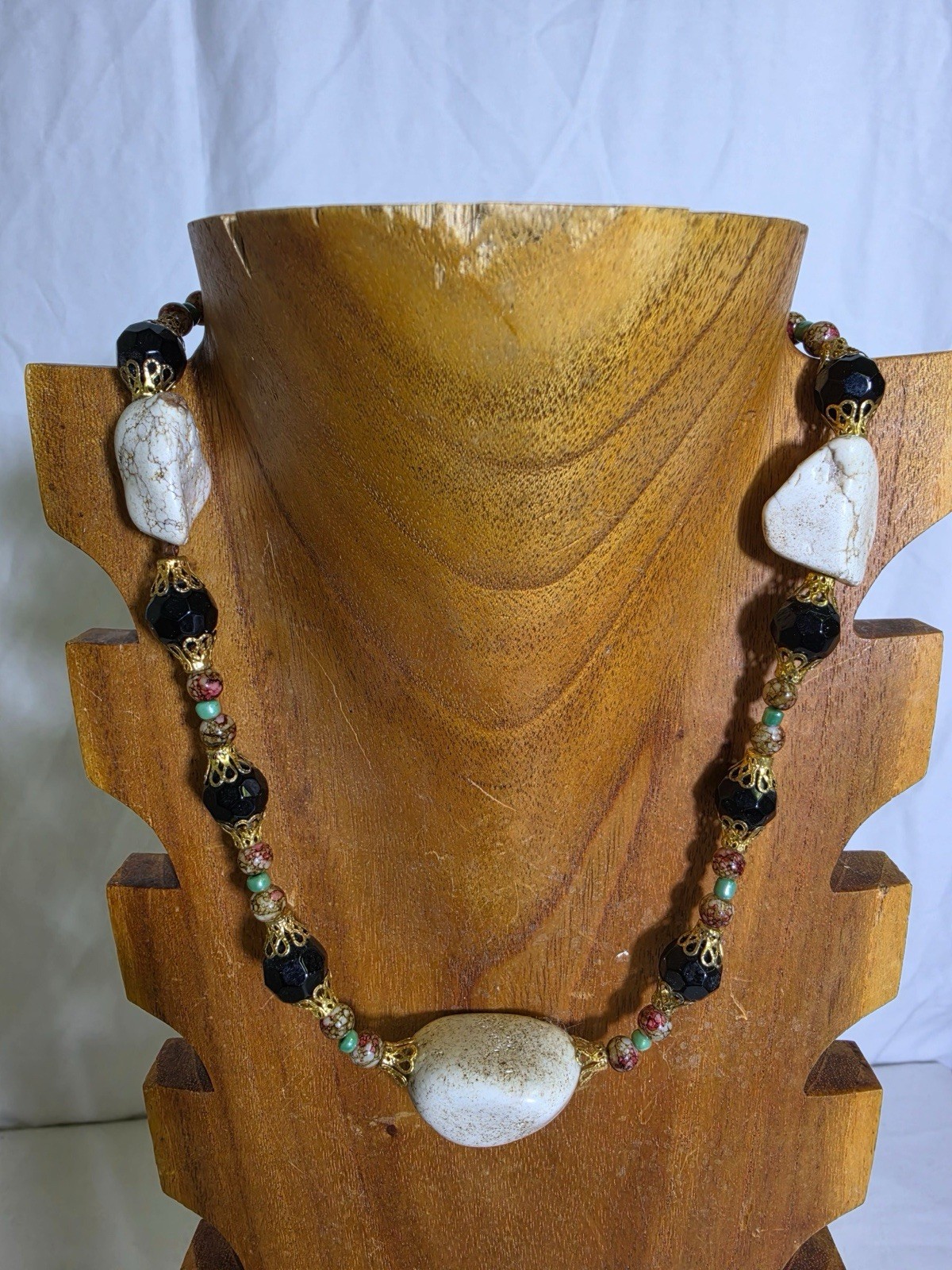 Handmade White Stone Black Gold Beaded Necklace Boho Statement New