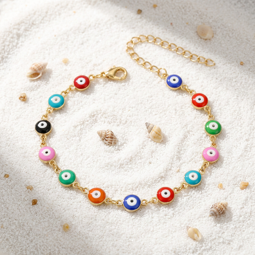 Multicolor Evil Eye Anklet Gold-Tone Enamel Charm Boho Beach Adjustable Women