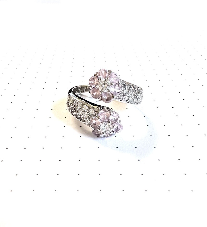 (SIZE 6,7,8,9) Open-Ended Pink CZs Double FLOWERS RING .925 STERLING SILVER