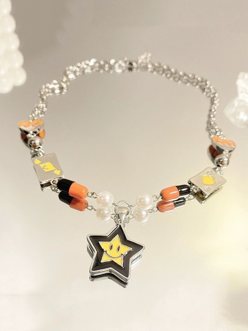Silver Charm Necklace Star Smile Heart Card Pillar Bead Imitation Pearl Jewelry