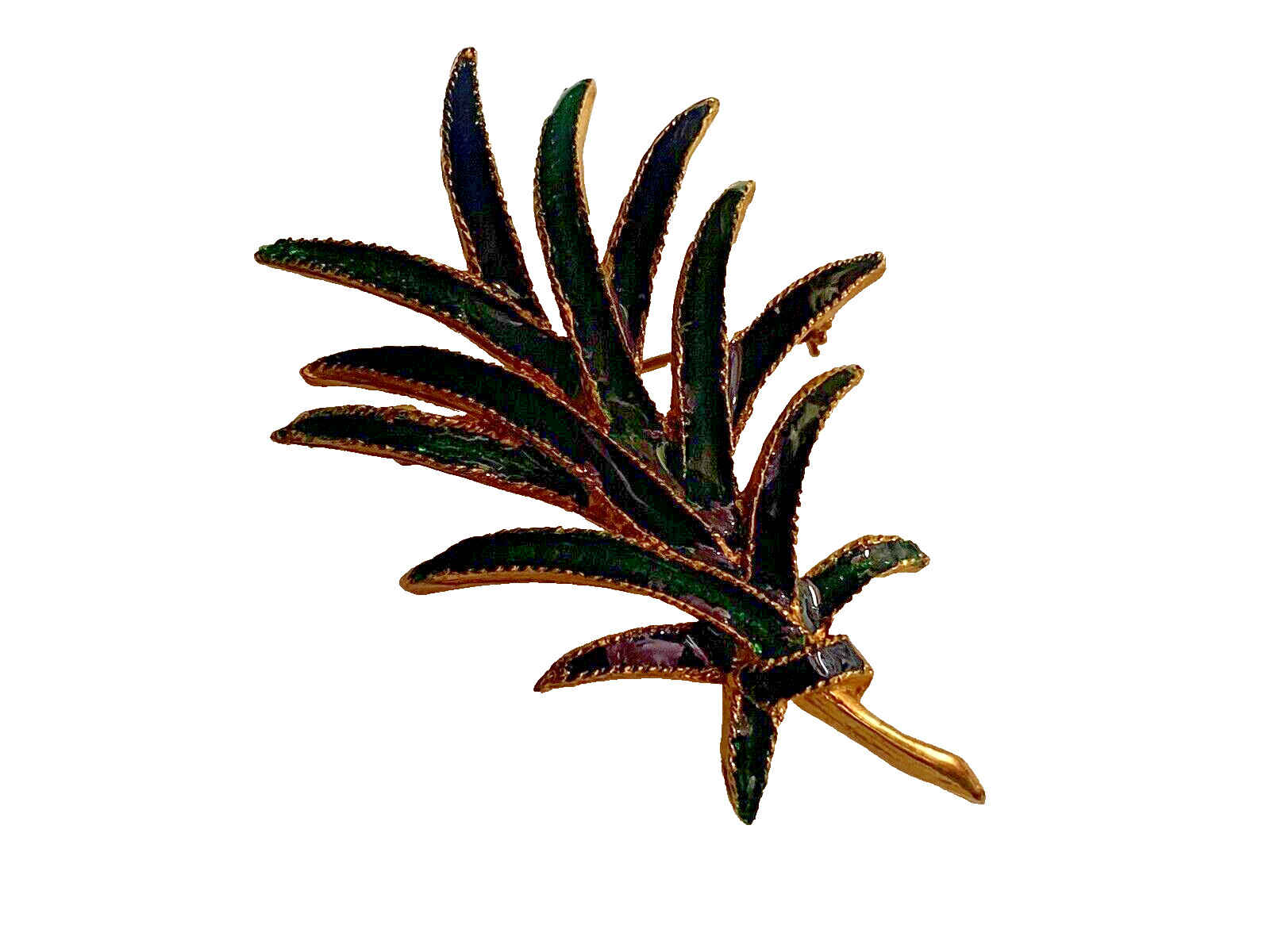 Vintage Brooch Angel Palm Leaf Enamel Gold Metal Blue Green 17.30g