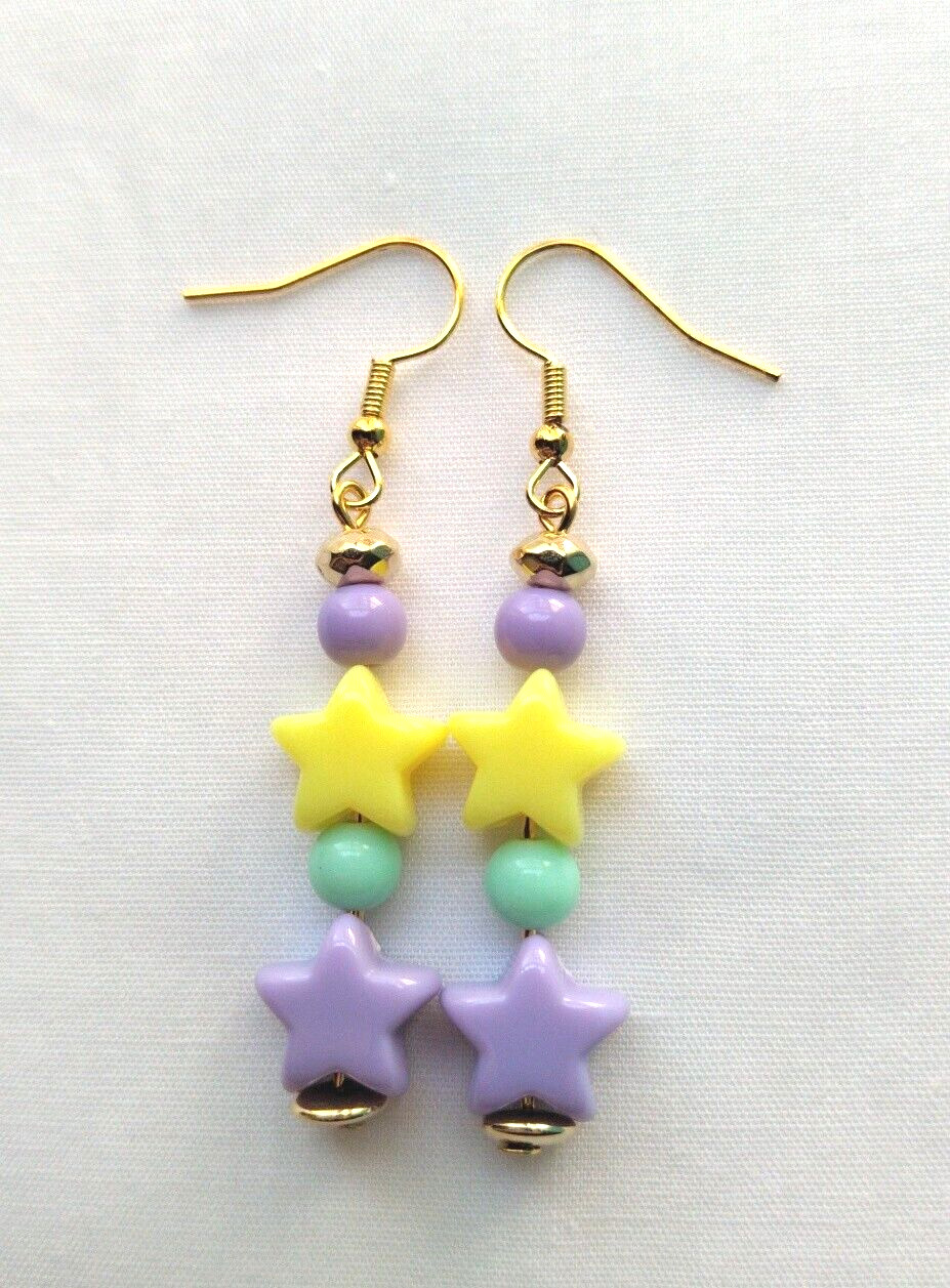 Handmade Purple and Yellow Star Bead Drop Stick Earrings Gold Tone Celestial