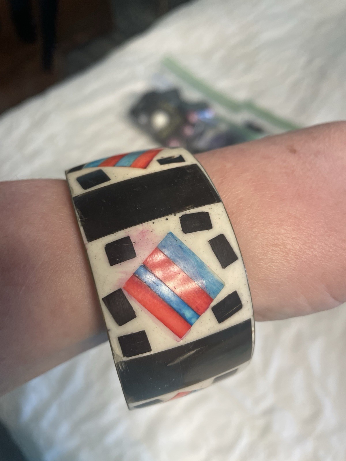 Vintage 80’s Wide Brass Bangle Black White Red Blue Geometric Inlay 8 in.