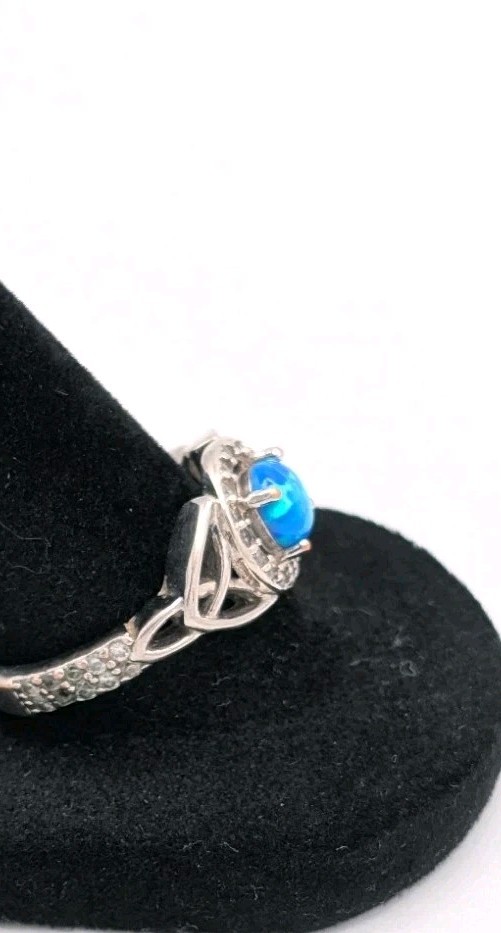 Synthetic Opal Cabochon CZ Halo Ring Trinity Celtic Band Silver Toned Plated
