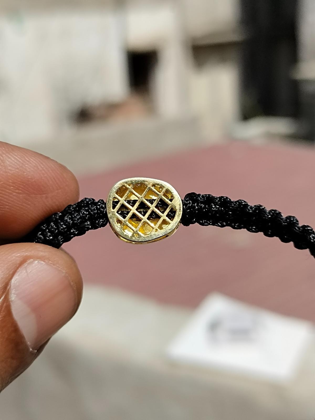 Natural Diamond White Enamel And Diamond Polki Adjustable Black Thread Bracelet.