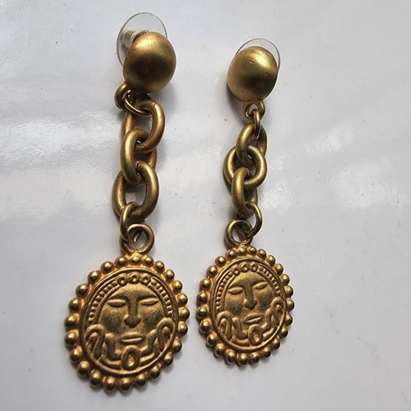 Vintage Antique gold Sun face figural tribal chain earrings