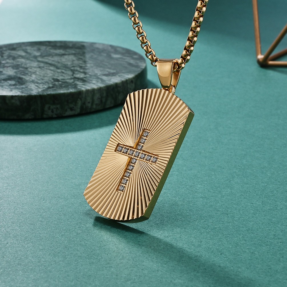 Military Style Stone Cross Pendant Jewelry Titanium Steel Pendant Necklace Chain