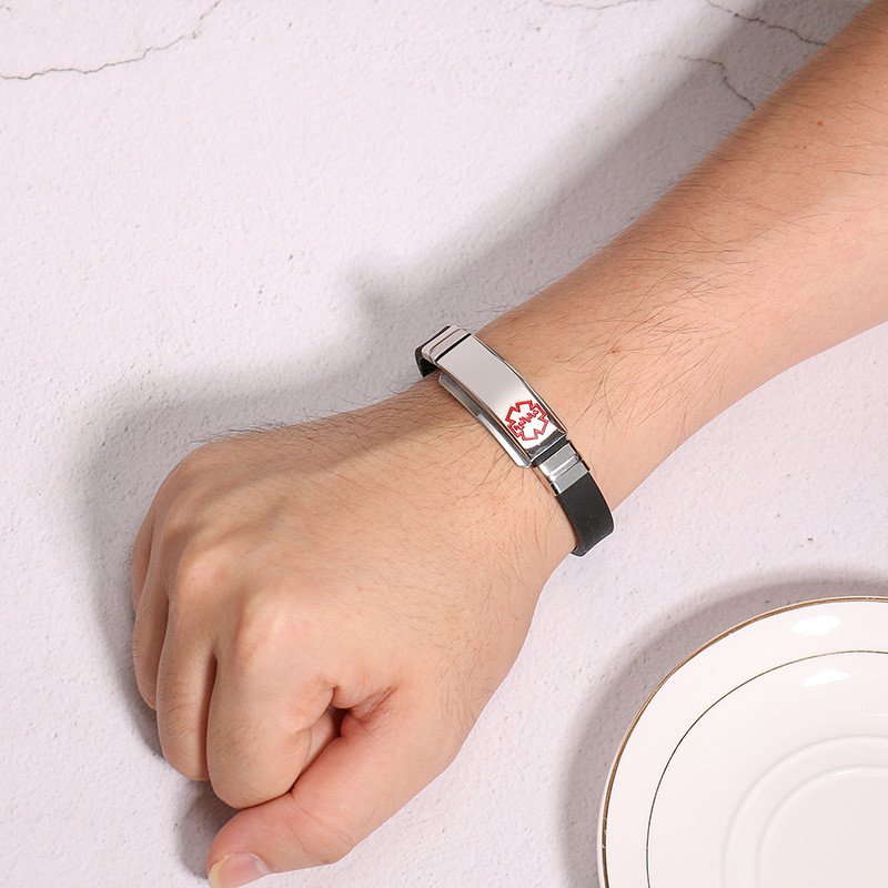 Free Engraving Medical Alert ID Women Men Kids Bracelet Black Silicone Wristband