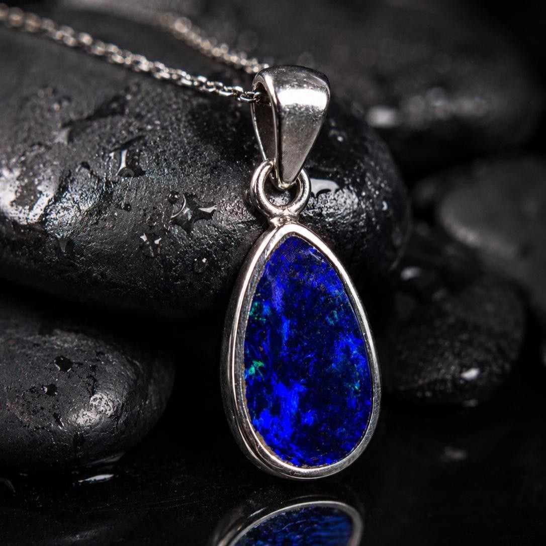 Blue Australian Doublet Opal Sterling Silver Pendant, Handmade Women’s Pendant