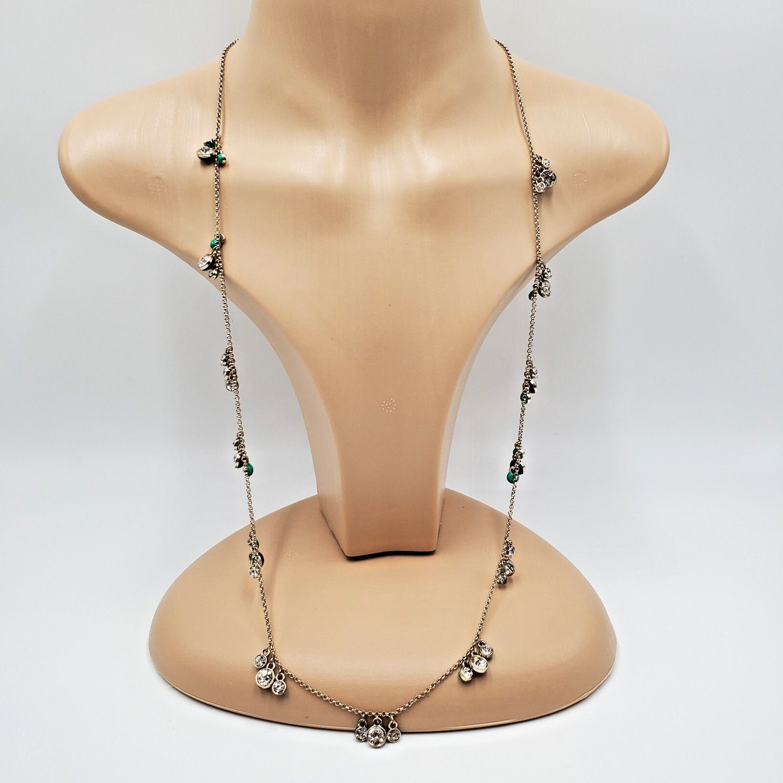 Ann Taylor Reversible Station Necklace 30in Silver Tone Clear Crystal Blue Green