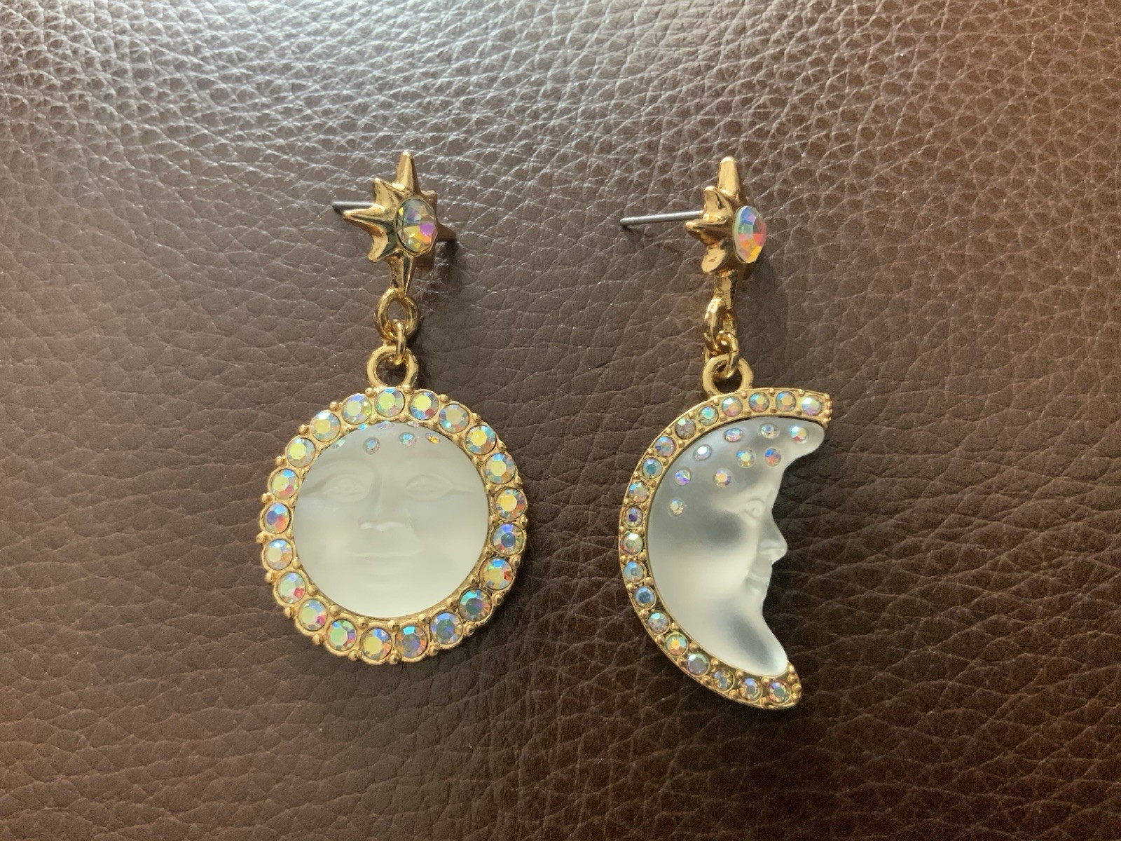 Sun Moon Star Earrings Face Mismatch Gold Deco Celestial Glass CZ Asymmetric