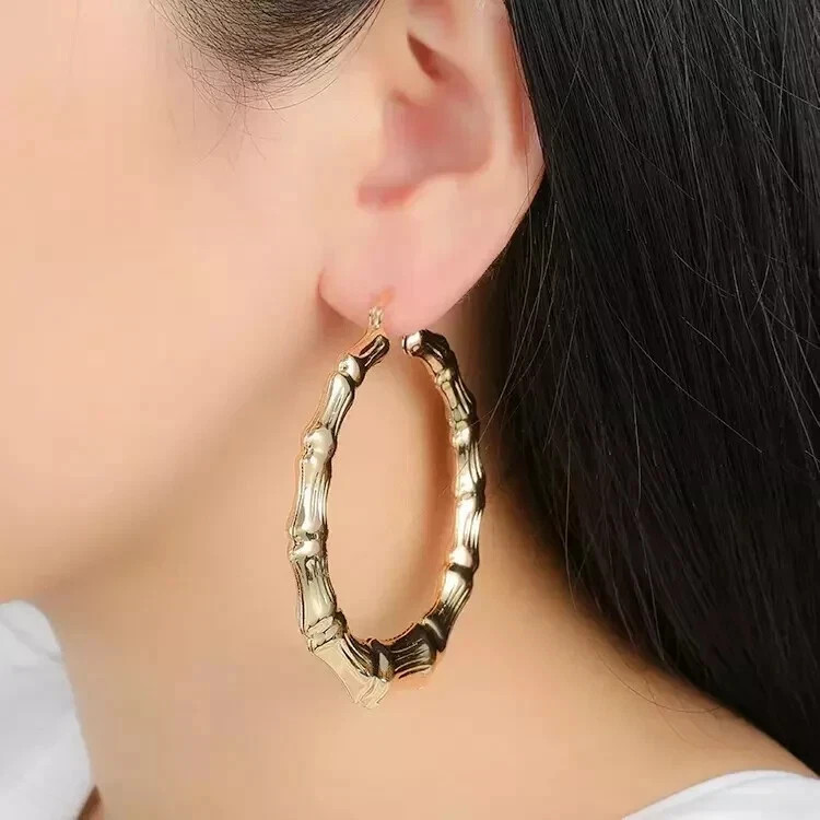 18K Gold Filled Round Bamboo Hoop Earrings 30-80mm Layered Big Hoop Jewelry
