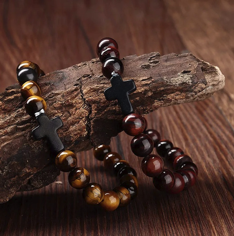 1pc Natural Stone & Wood Bead Prayer Bracelet with Cross – NEW