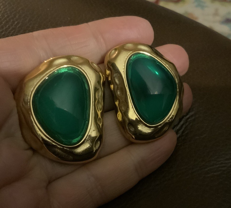 Molten Earrings Museum Modern Art Green Stud Statement Cabochon Hammered VTG
