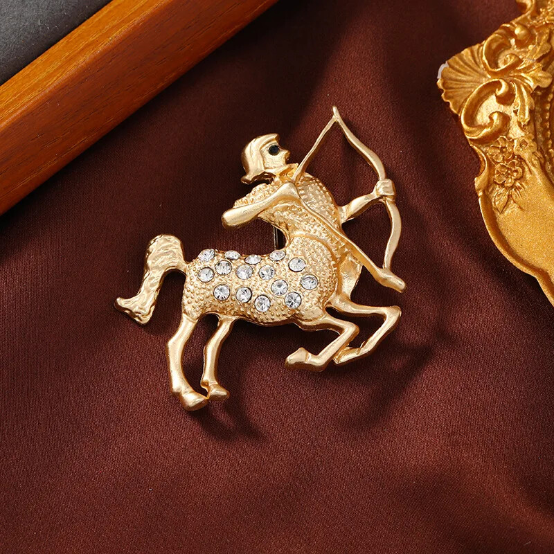 Women Matte Gold Color Zodiac Brooch Fashion Simple Rhinestone Animal Badges Pin