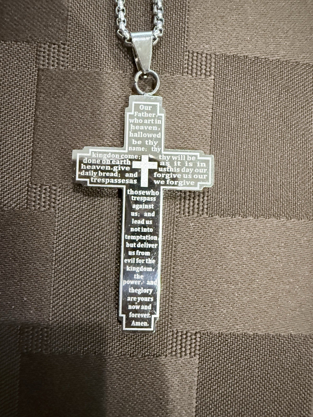 Silver Tone Lord’s Prayer Cross Pendant Necklace – 23.5″ Rope Chain, 25g