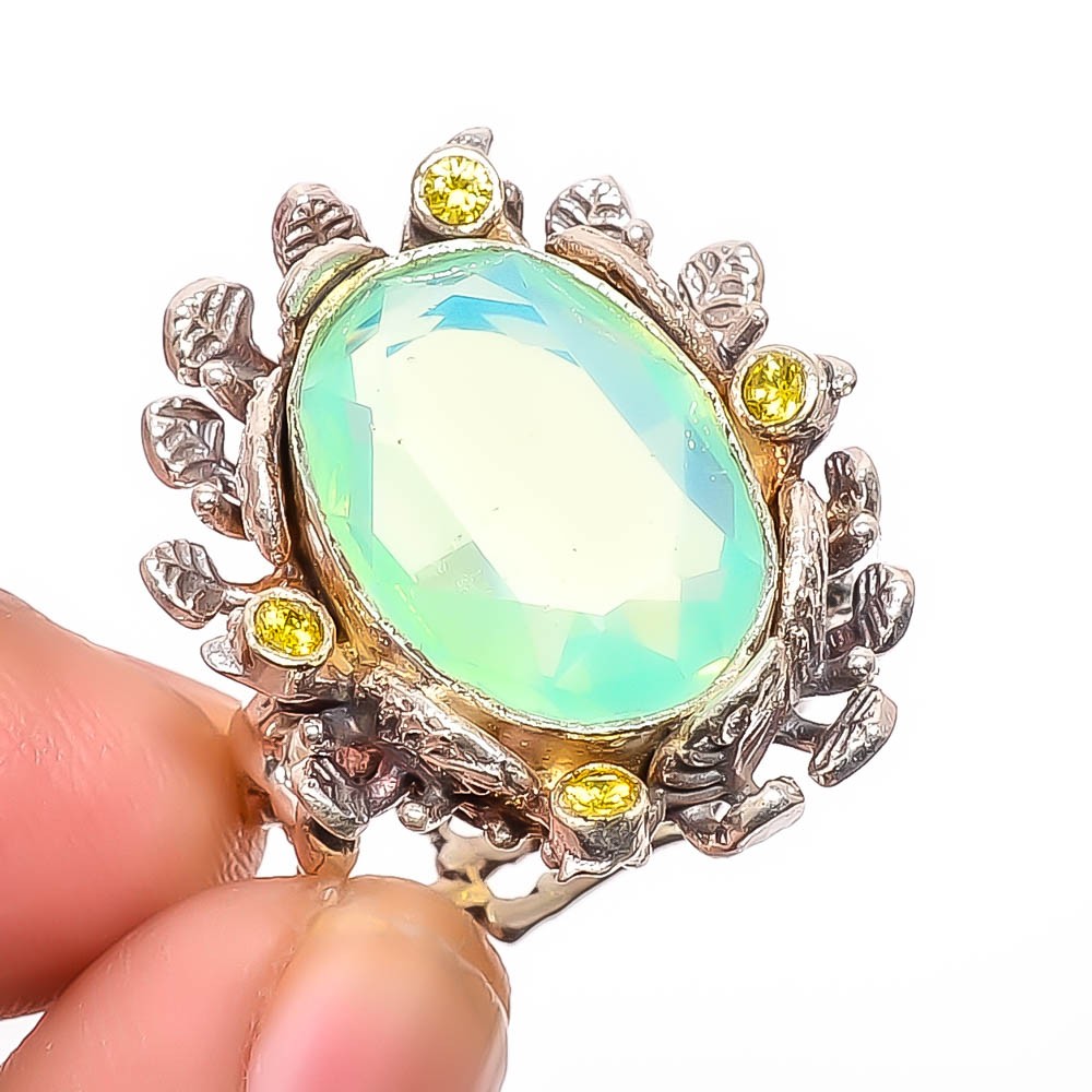 Green Milky Opal & Citrine 925 Silver Turkish Ring s.7.5 R1166-41