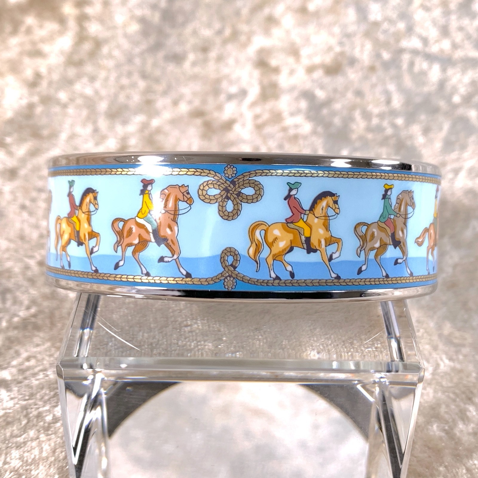 Vintage Hermes Bangle Bracelet Enamel Blue Horse Silver Rim Size 65 with Box