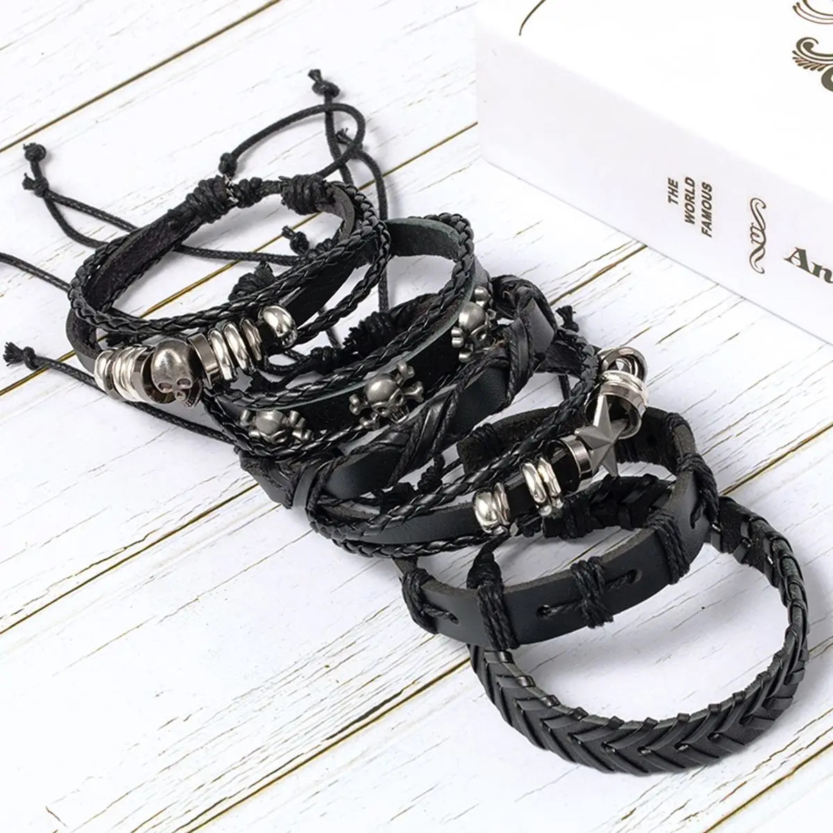 6pcs/Set Black Punk Skull Star Shaped Alloy Pu Leather Bracelet Punk Hip Pop
