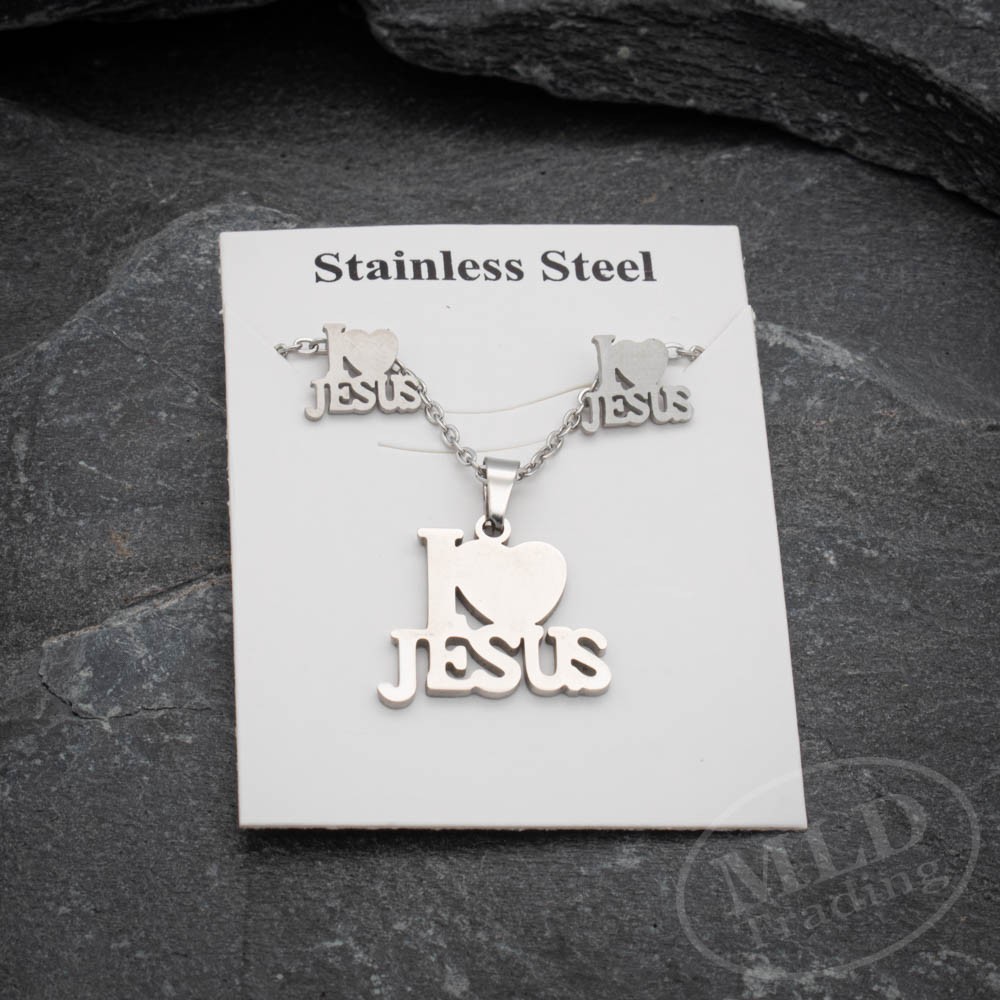 I LOVE JESUS Stainless Steel Pendant Necklace & Earrings Set – Christian Jewelry