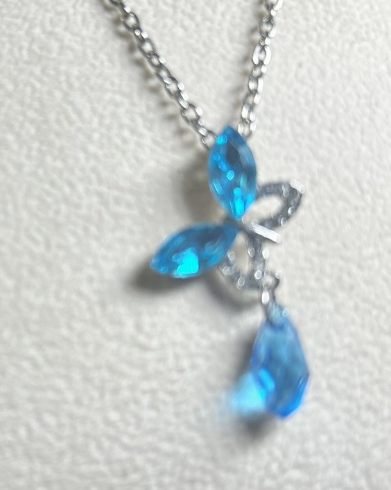 Aqua Butterfly With Dangle Gem Dainty Pendant, Silvertone Chain 20”