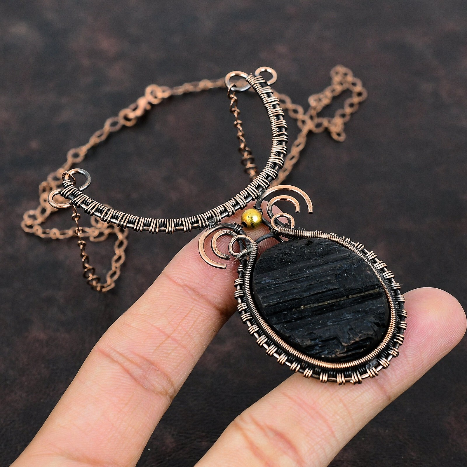 Black Tourmaline Rough Copper Gift For Bestie Wire Wrapped Adjustable 18.0″