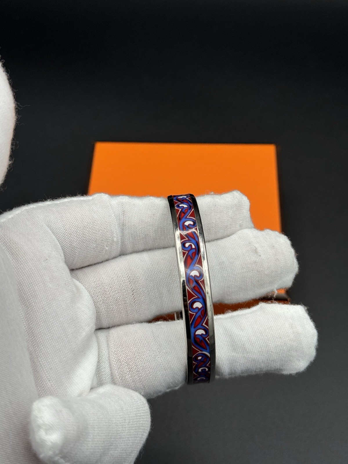 HERMÈS Signed Enamel & Metal Bangle Bracelet Multicolor Swirl Pattern