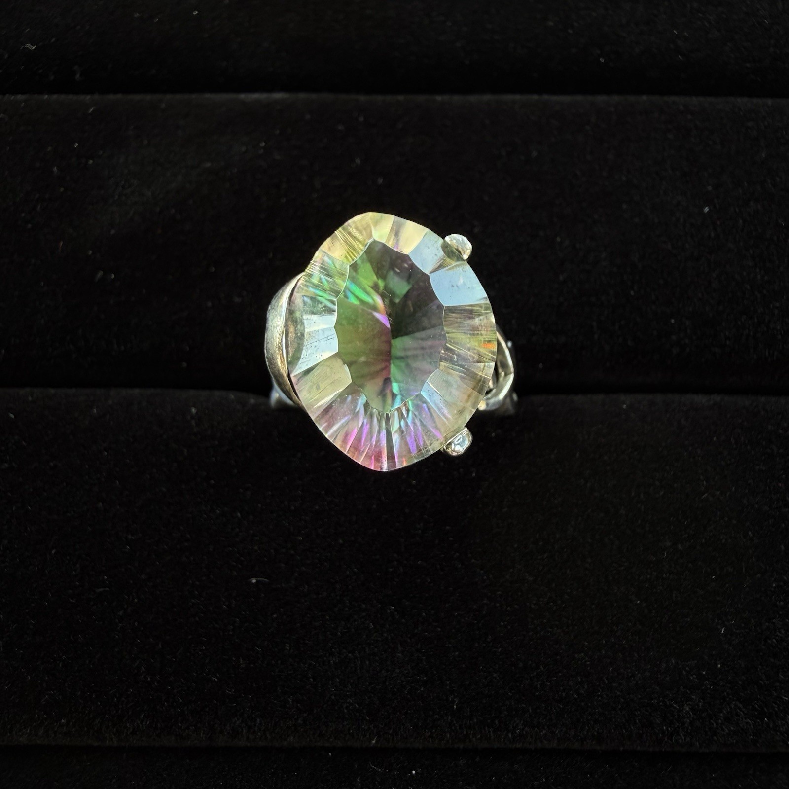 LUCCN Sterling Silver Floral Shank Large Oval Brilliant Mystic Topaz Ring Size 7