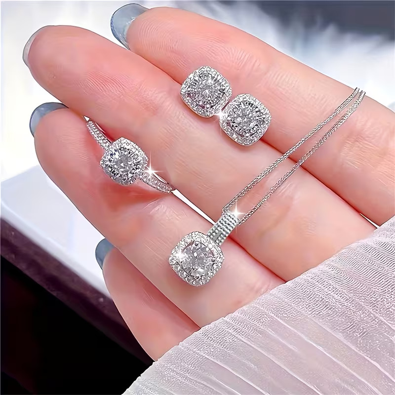 4PCS Cubic Zirconia Jewellery Set Necklace Earrings Ring Daily wear Wedding Gift