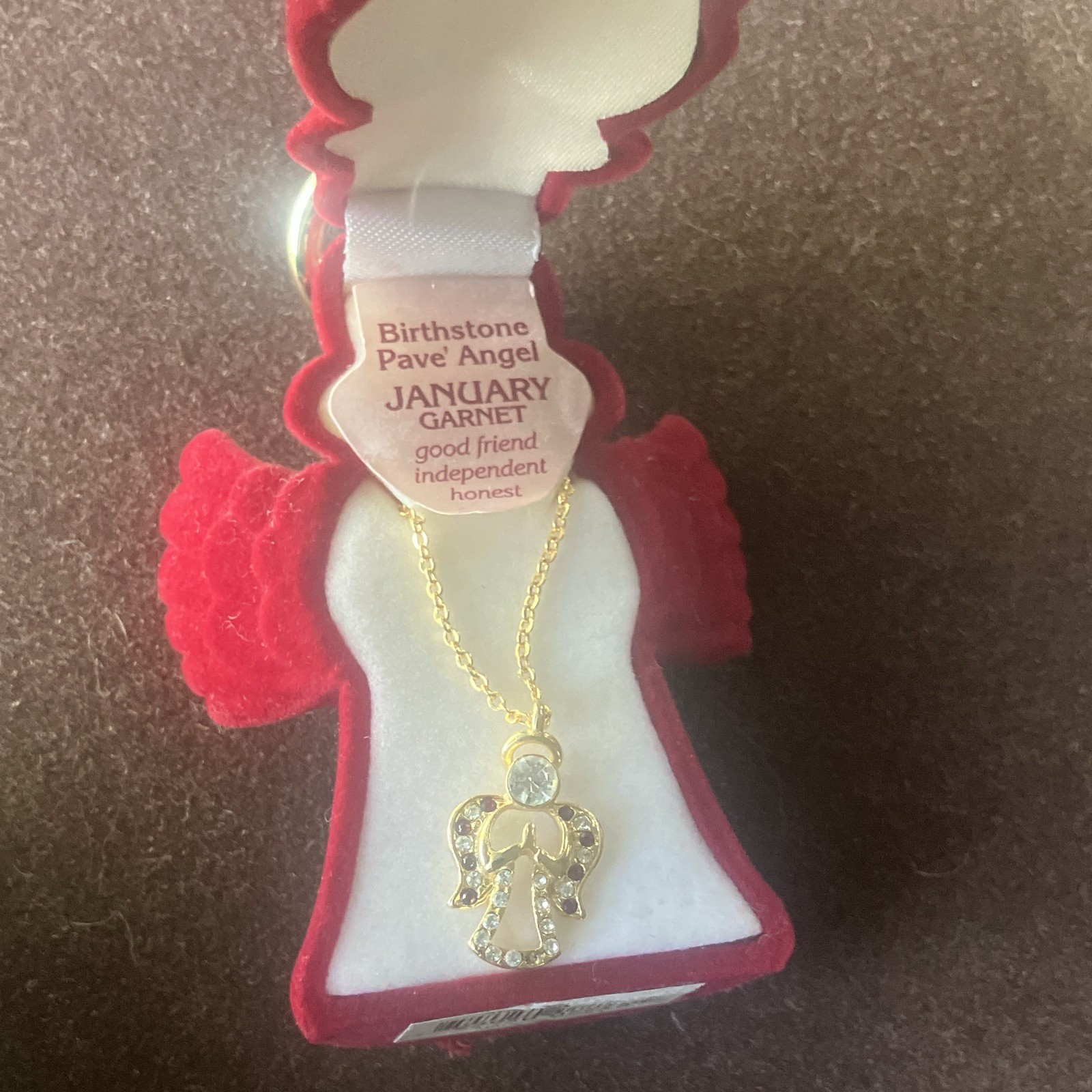 Gold Tone Pavé Angel Charm Pendant Necklace Clear Crystal Garnet Red Cable