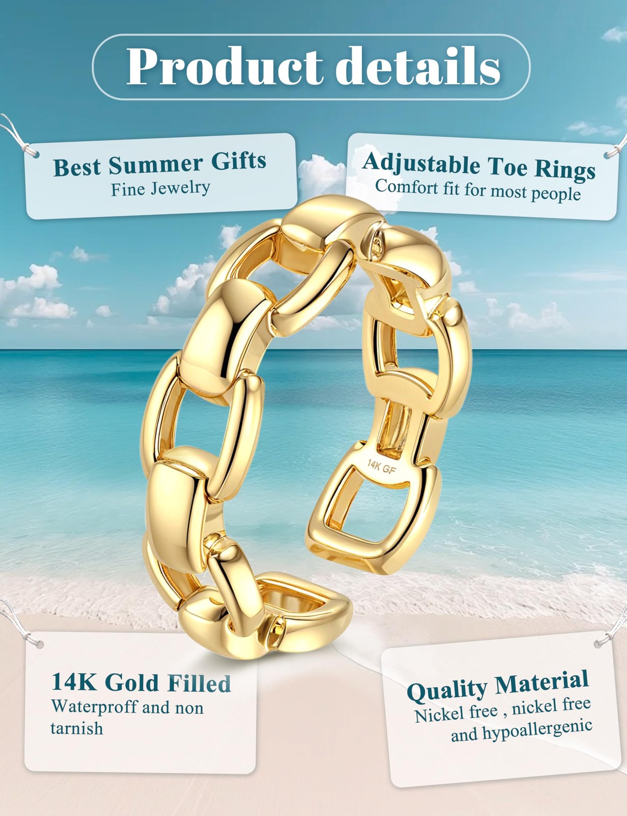 FIASASO 14K Gold Filled Toe Rings for Women Non Tarnish 14 mm, gold