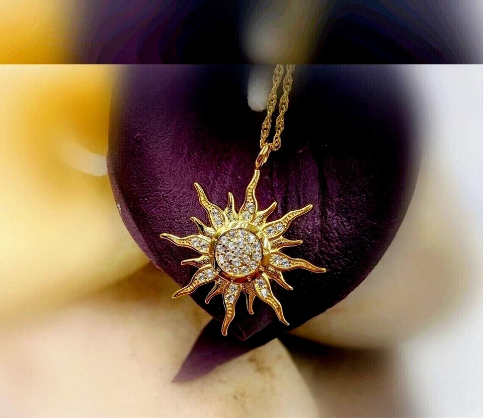1.00Ct Round Cut Simulated Diamond Sun Pendant Necklace 14k Yellow Gold Plated