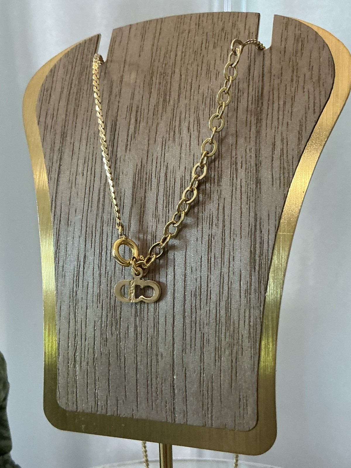 Auth Christian Dior CD Logo Accessory Vintage Pendant Necklace Gold Plated GOOD