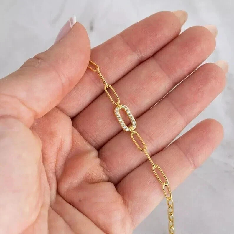 1Ct Round Cut Simulated Diamond Women Paper Link Bracelet 14K Yellow Gold Plated