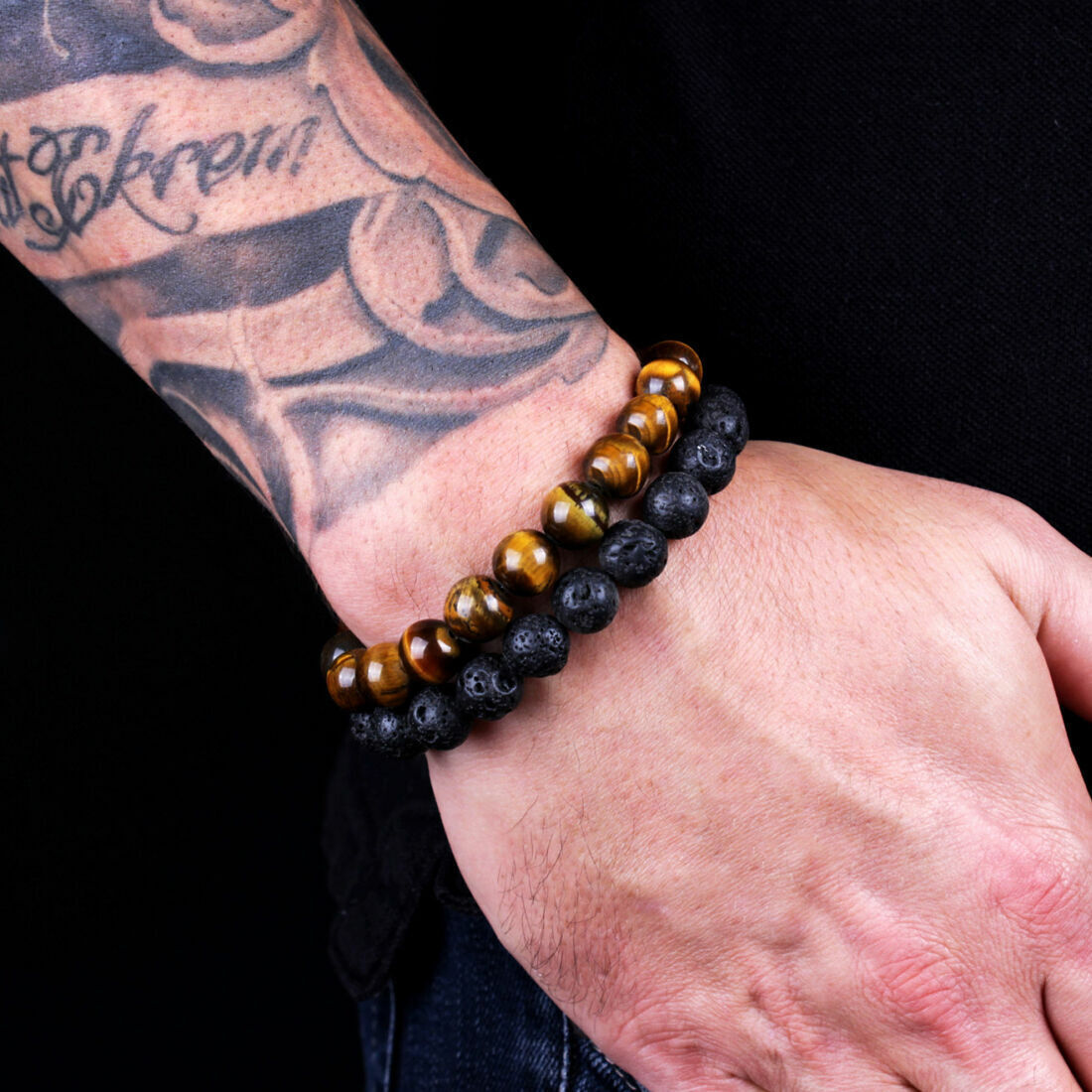 Men Bracelet Classic Lava Rock Tiger Eye Gem Stone Beaded Healing Boyfriend-2PCS