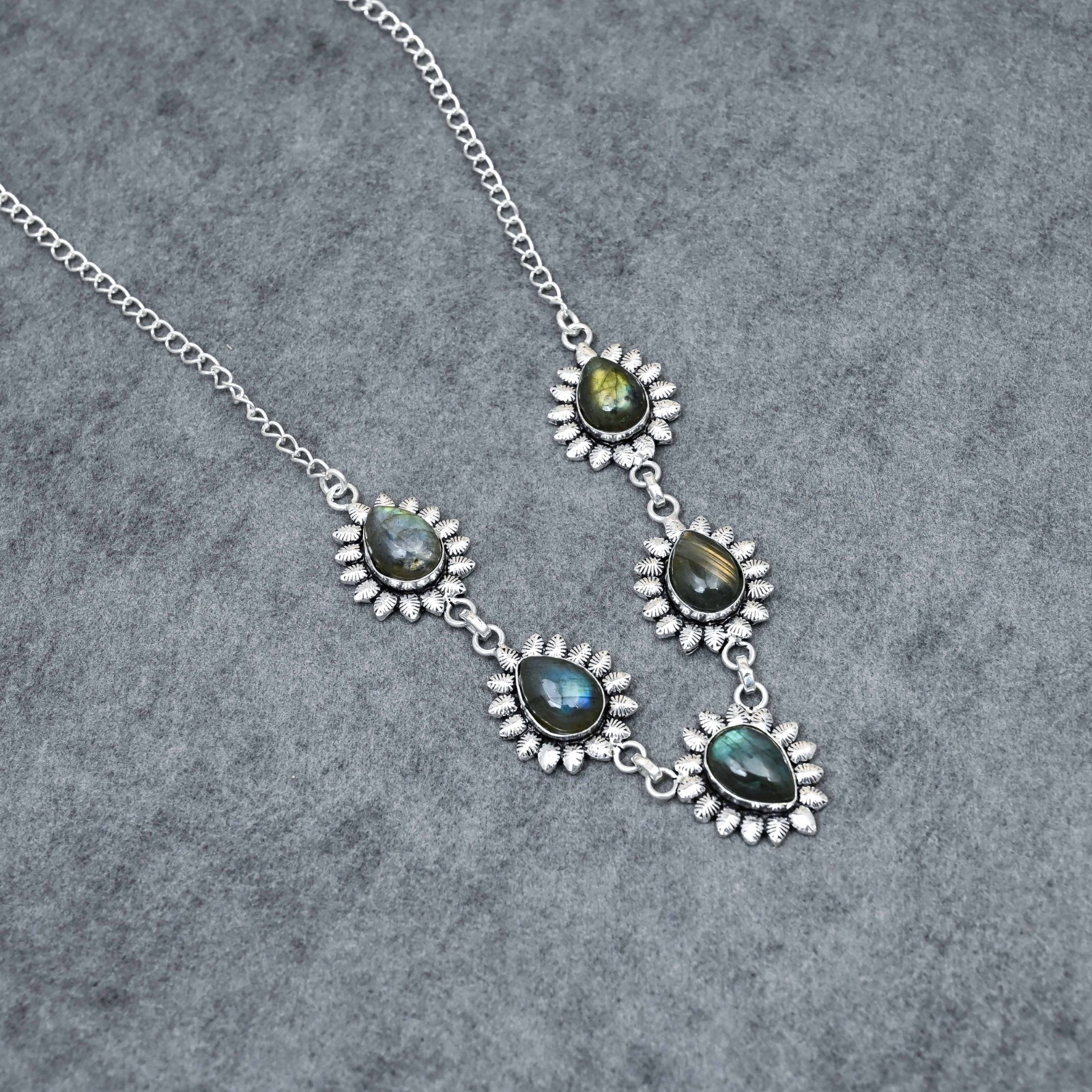 Silver Plated Labradorite Y-Necklace | Multi-Stone Milgrain Cabochon | Artisan
