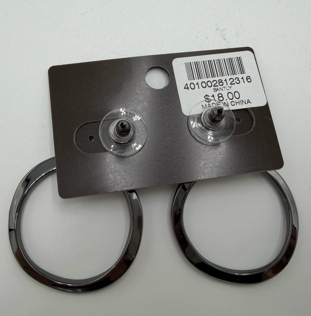 Chico’s 2” Gunmetal Gray Drop Dangle Hoop Post Earrings NWT