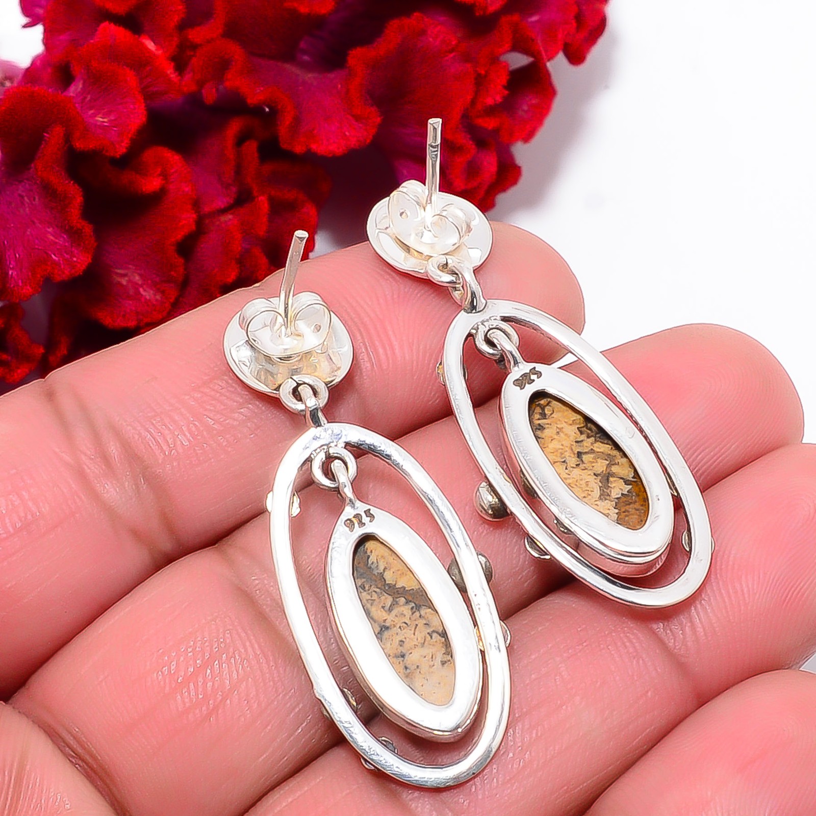 Picture Jasper – Oregon 925 Sterling Silver Two Tone Earring 1.76″ E103036