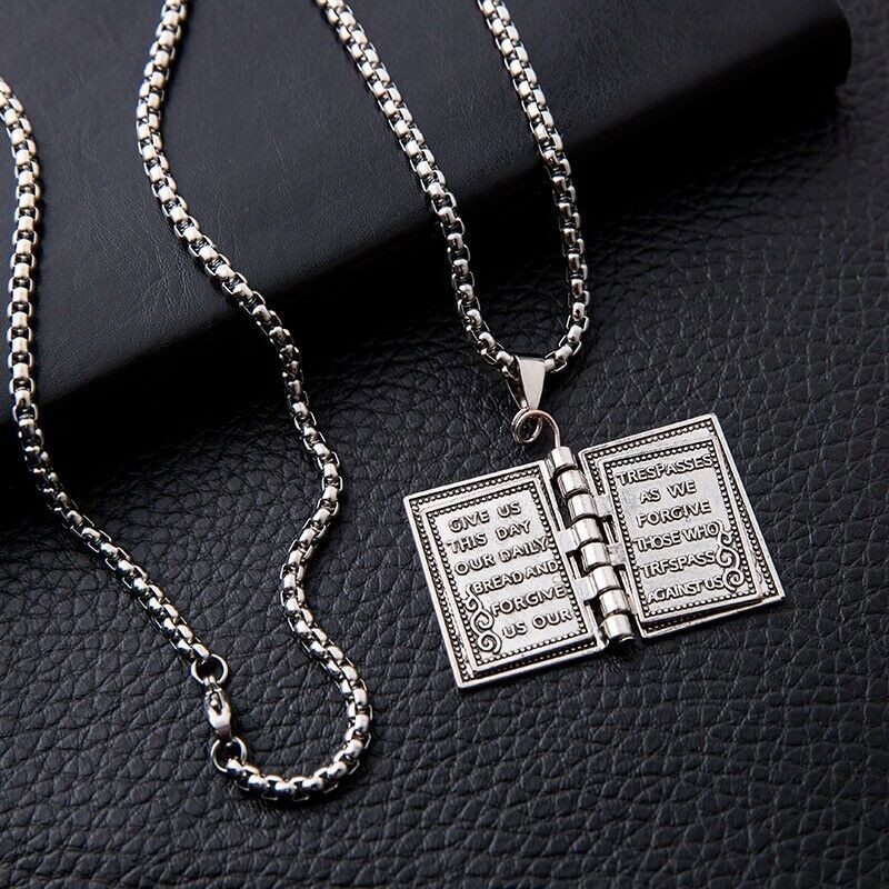 2× Stainless Steel Silver Bible Open Pages Pendant Unisex Necklace Lord’s Prayer