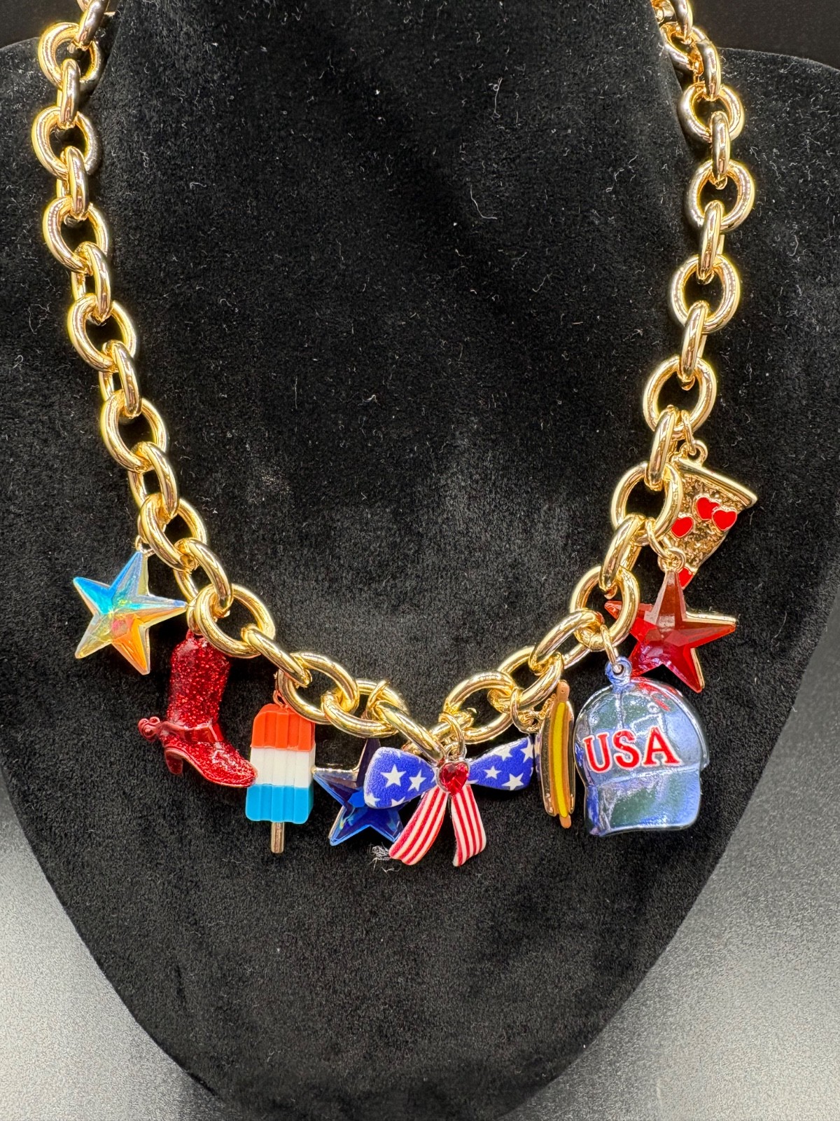Betsy Johnson Gold Plated Americana Multi-Charm Necklace /New
