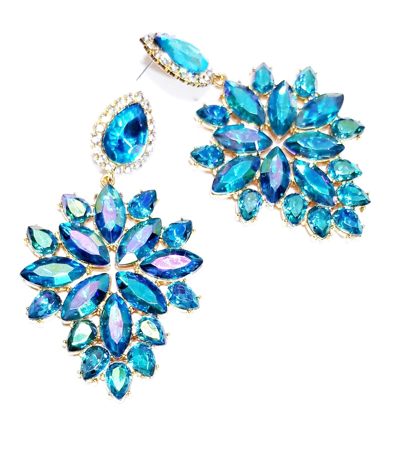 Aqua Crystal Bridesmaid Rhinestone Chandelier Drop Earrings 3.6 inch Jewelry