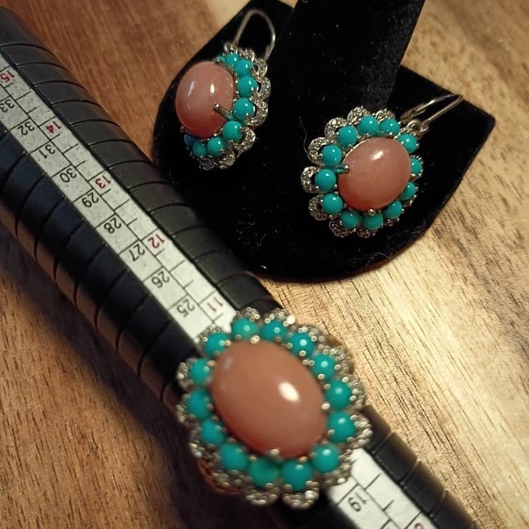 Pink Opal Turquoise Sterling Silver Ring & Earrings w/Gold Vermeil Set Size 9.75