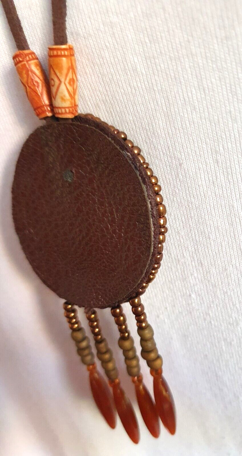Artisan Mandala Beaded Oval Tassel Leather backed Pendant suede cord Metal Free