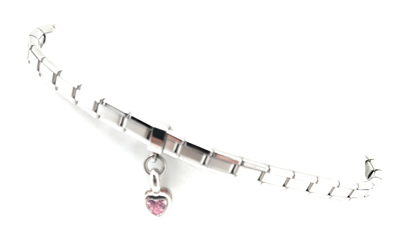 Italian Modular Charm Bracelet Dangle Pink CZ Heart Stainless Steel Silver 4 mm