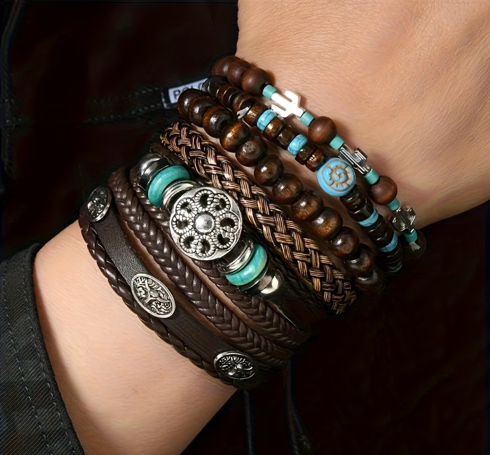 47Pcs Boho Faux Leather Bracelet Set Western Charm Wrap Stackable Men Women Lot