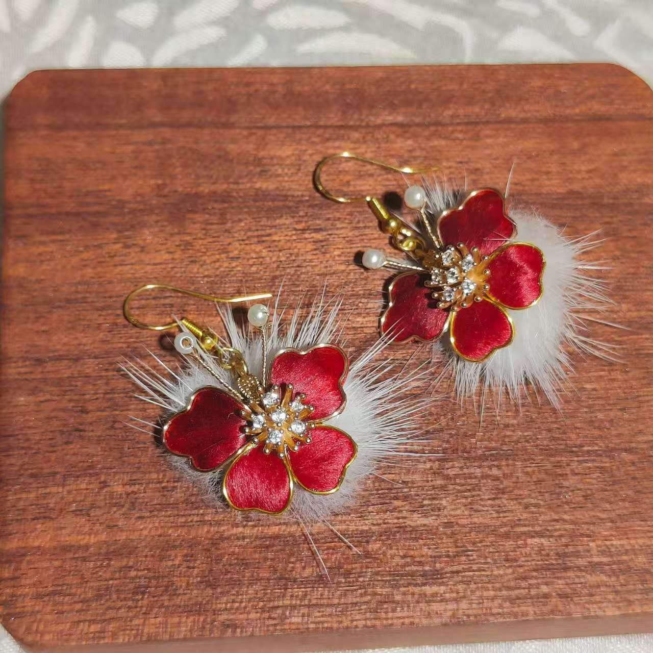 Chinese Style Hanfu Pearl Velvet Flower Drop Earrings Vintage Ear Jewelry